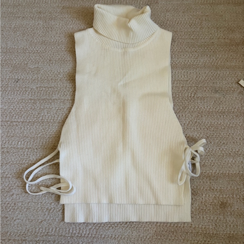 Cream Ribbed Turtleneck Side-Tie Knit Vest